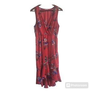Soprano Womens XL Sleeveless Dress Red Floral Crossover Ruffle Neck Midi
